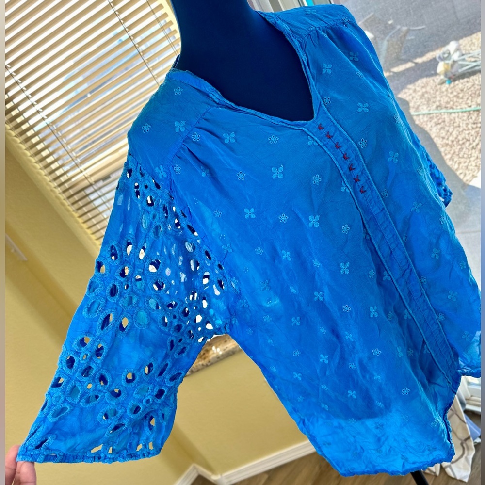 EUC Johnny Was Semi-Sheer Cerulean Blue Floral Embroidered Blouse - Picture 6 of 13